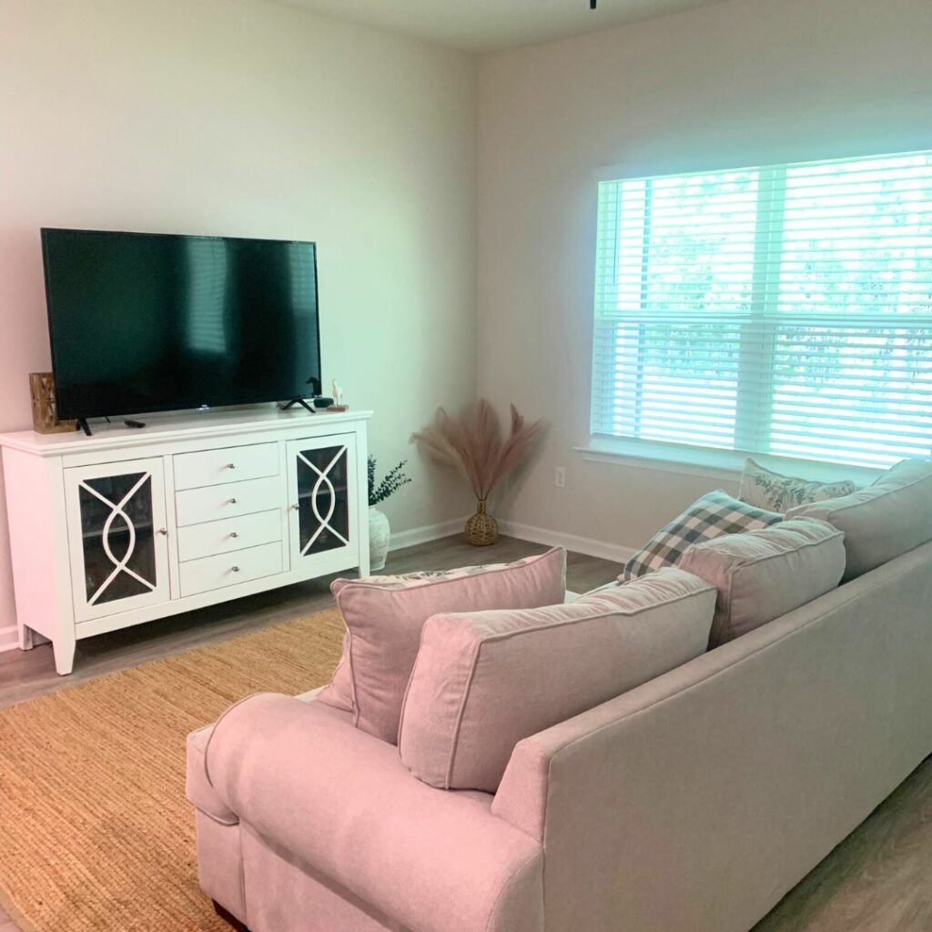 Picture of living room with sofa, rug and a white television cabinet with tv on top.